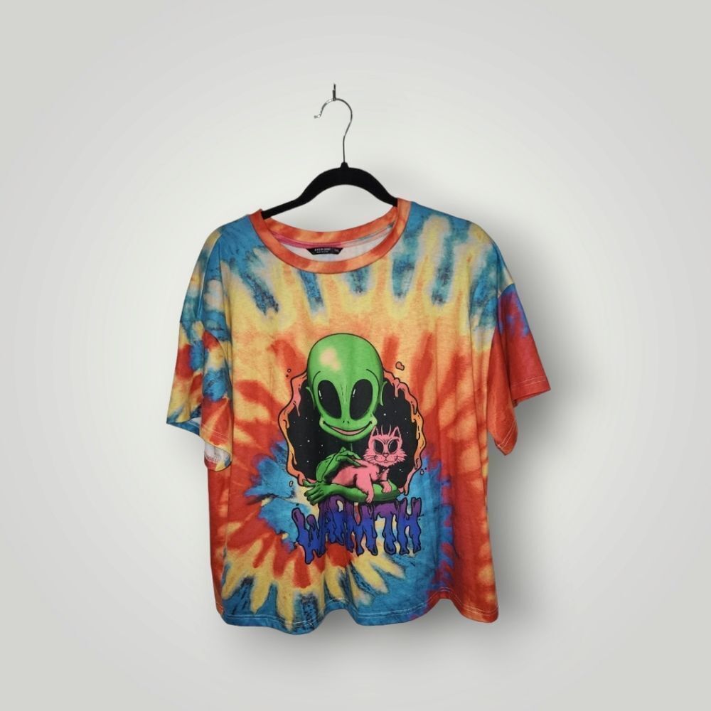 Curve Tie Dye T-Shirt Alien & Cat WARMTH Graphic Tee Size 1X Tee